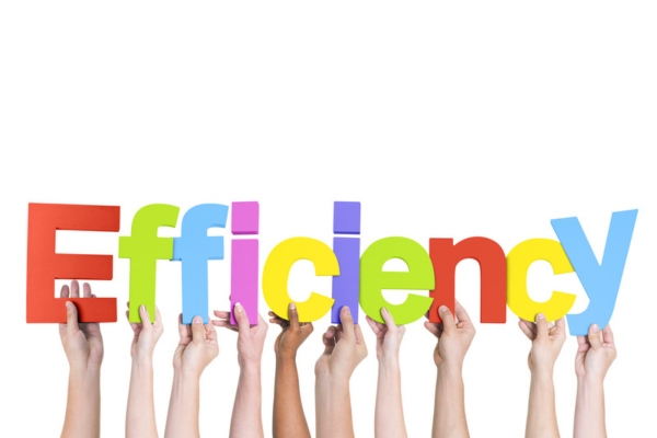 Hands holding colorful cutout letters that spelled EFFICIENCY