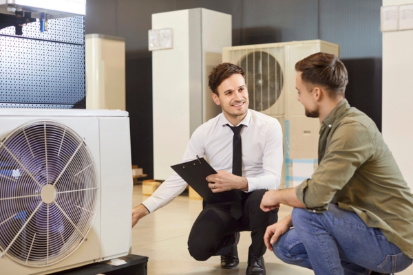 sales personnel showing AC units to a customer